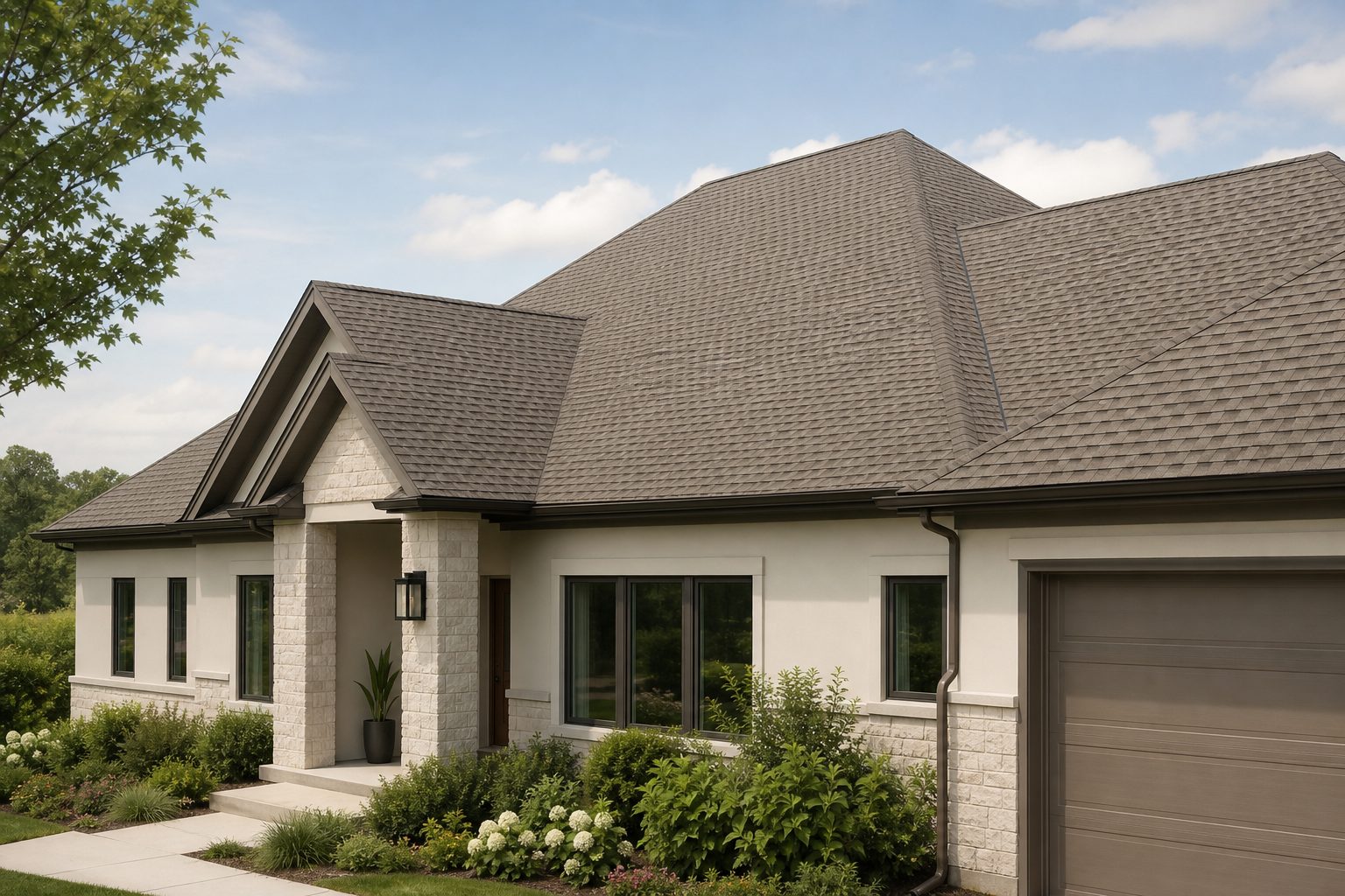 Wide view of a finished residential roof on a single-family house